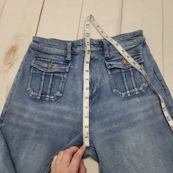 Kancan high rise flare jeans stretch raw hem boho 27 flap pockets short - Picture 4 of 8